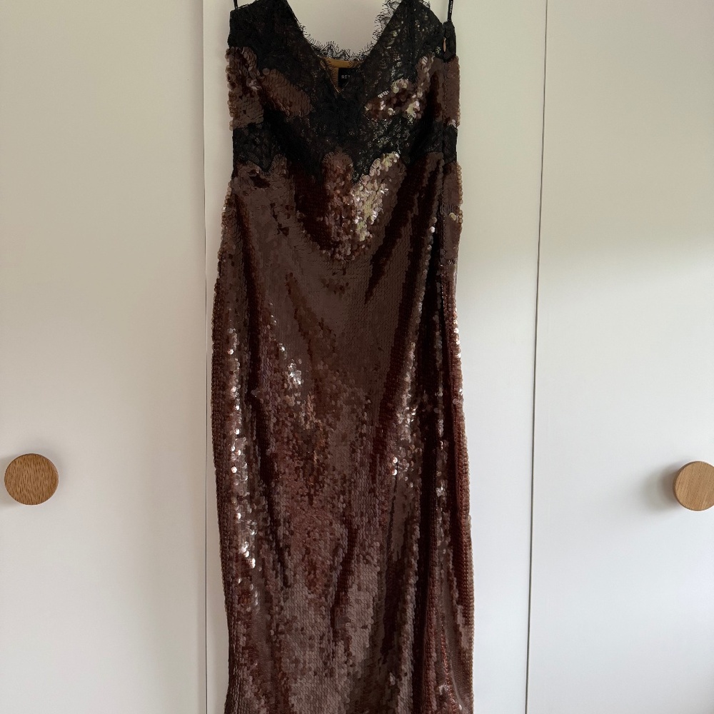 RETROFETE Ellen Sequin Dress- Brown (black lace)